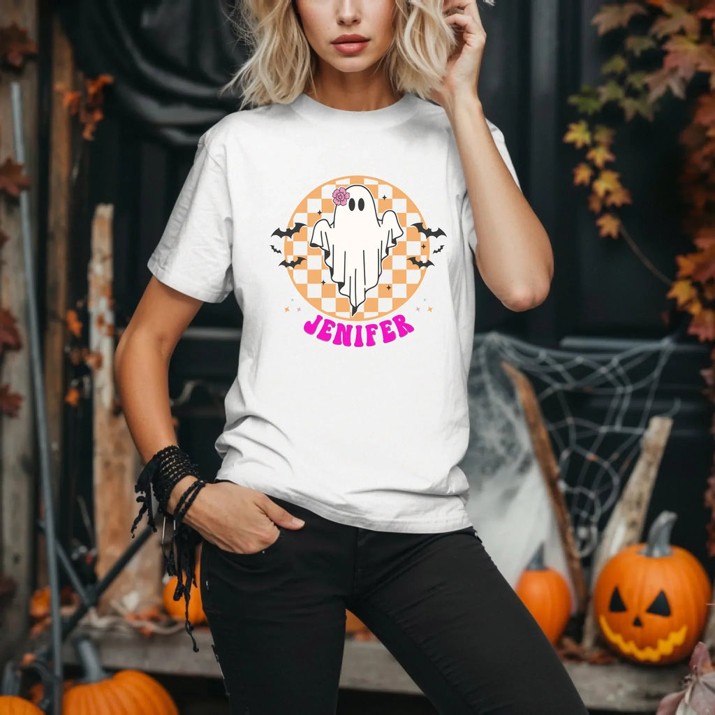 Personalized Halloween Ghost Shirt – Custom Name Checkerboard T-Shirts