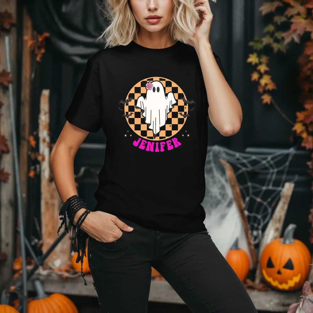 Personalized Halloween Ghost Shirt – Custom Name Checkerboard T-Shirts
