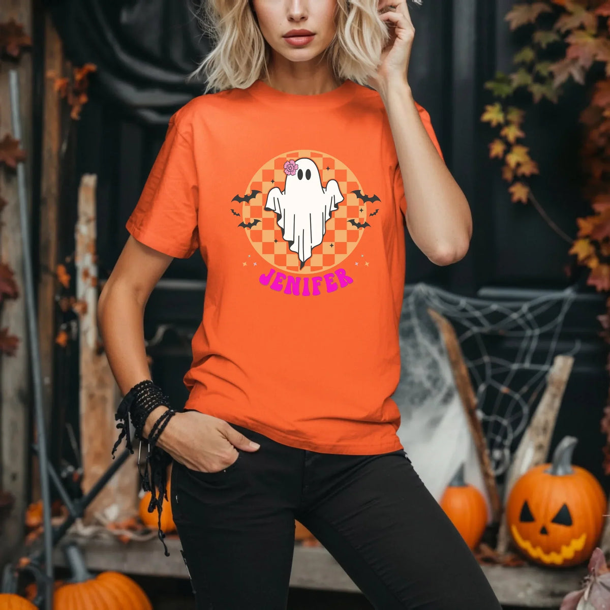 Personalized Halloween Ghost Shirt – Custom Name Checkerboard T-Shirts