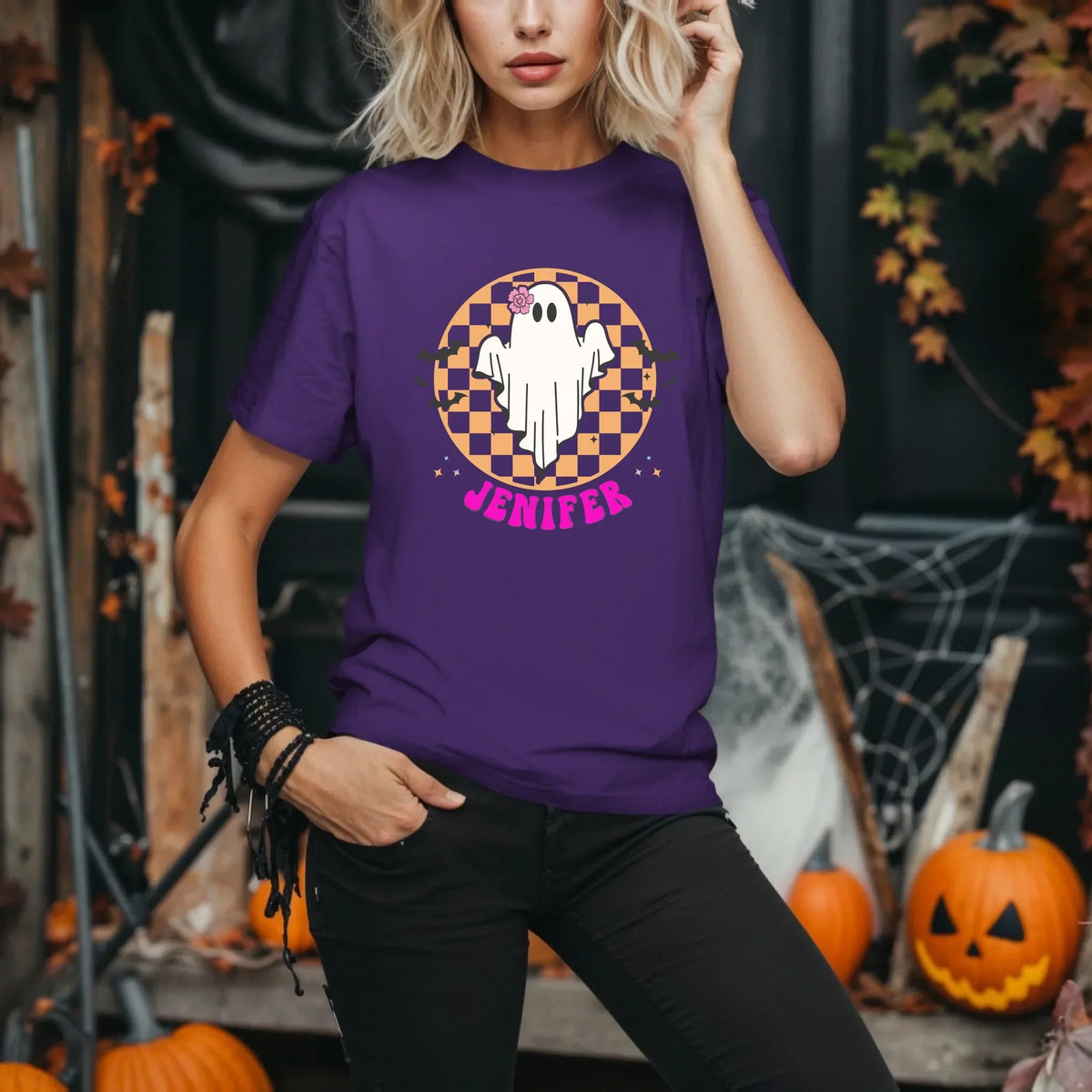 Personalized Halloween Ghost Shirt – Custom Name Checkerboard T-Shirts