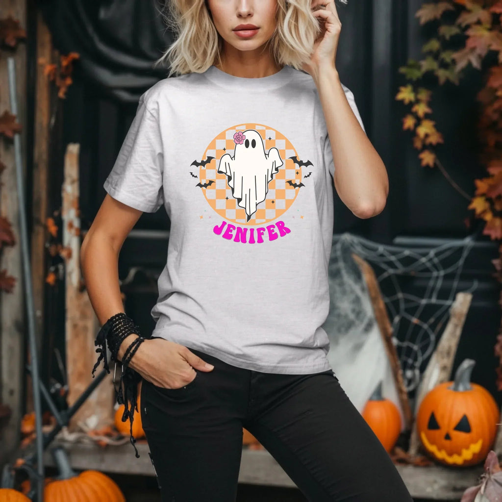Personalized Halloween Ghost Shirt – Custom Name Checkerboard T-Shirts