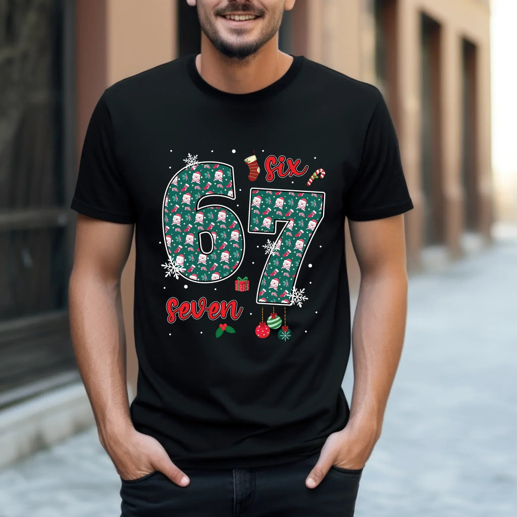 67 – Festive “Six Seven” Santa Pattern T-Shirts