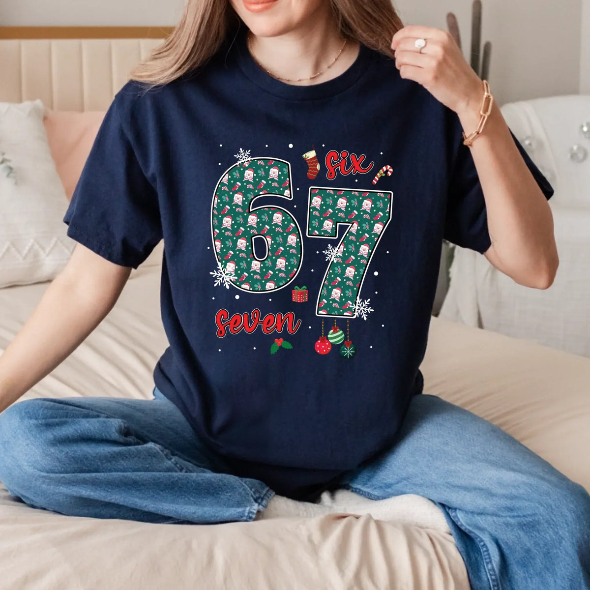 67 – Festive “Six Seven” Santa Pattern T-Shirts