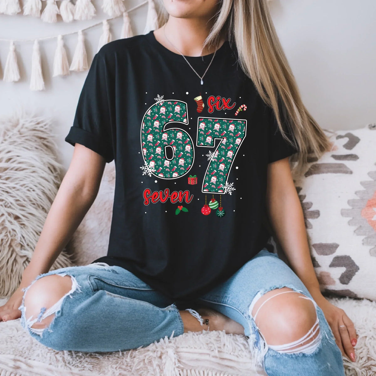 67 – Festive “Six Seven” Santa Pattern T-Shirts