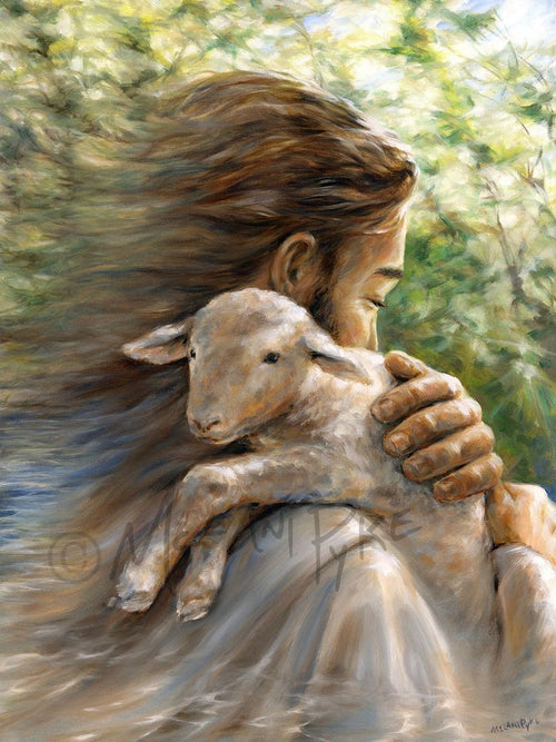 Art Print - Jesus as Shepherd Holding Lamb Over Shoulder with Trees and Water, Christian, Sheep, Jesus Christ Spiritual Religious Art