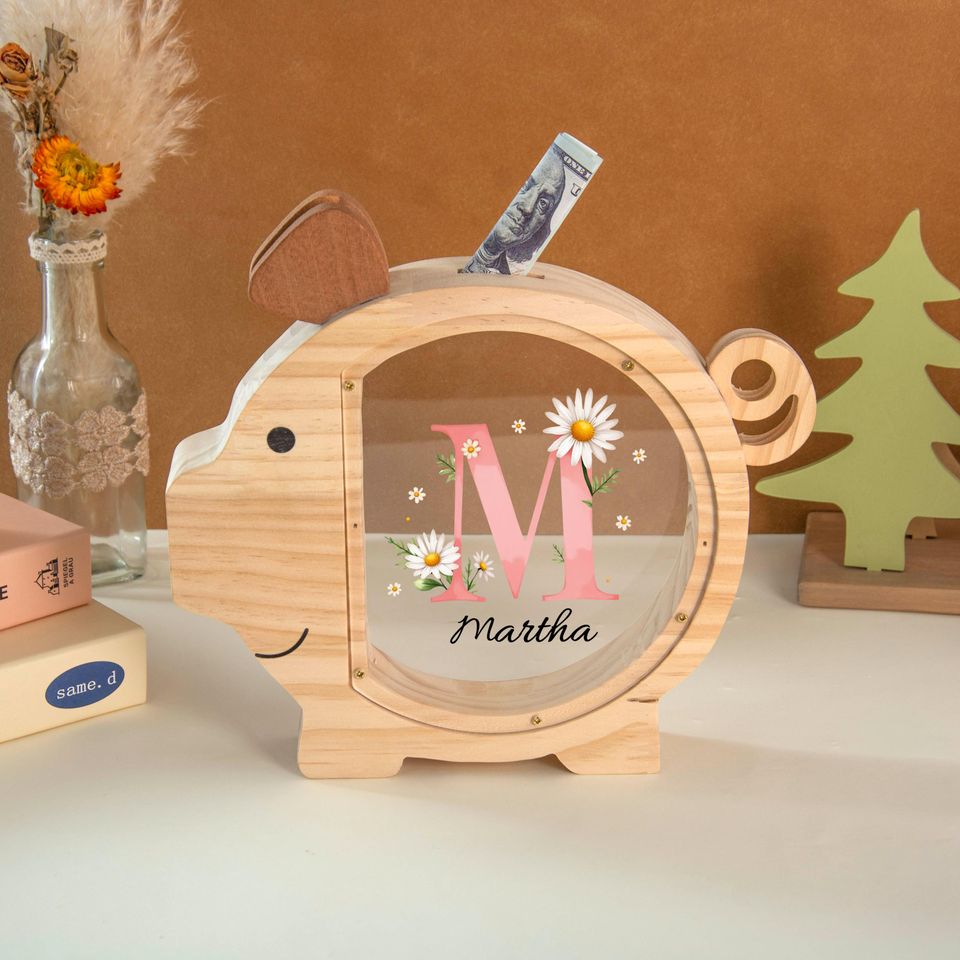 Piggy Bank with Name,Girl Money Box Coin Bank,Montessori Savings Jar,Baby Shower Gift,Birthday Gift for Kids,Nursery Decor,Bank for Girls