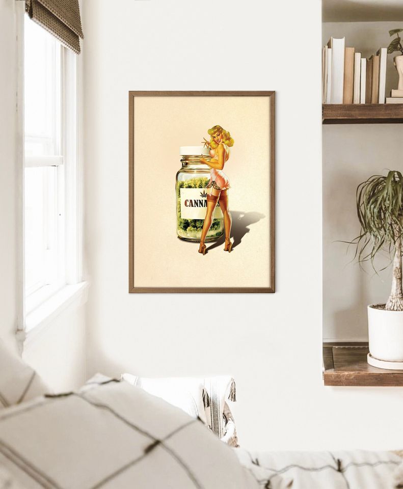 Vintage Cannabis Girl Poster – Retro Trippy Weed Art Print