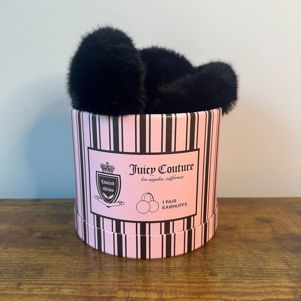 New Juicy Couture Black Gothic Earmuffs Fluffy Faux Fur Winter Warm Cute