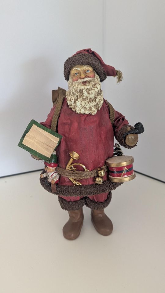 Vintage Paper and Fabric Mache Santa Claus 10" Pipe, Book, Toys, Christmas Figurine, Presents