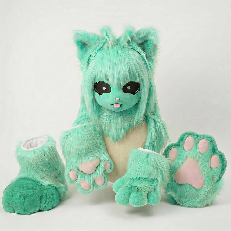 Fursuit head丨Allen cat head丨Green Toony Kigurumi Cosplay Costume 丨Cat Fursuit Partial Set丨High-Ventilation Mesh Eyes and Paws