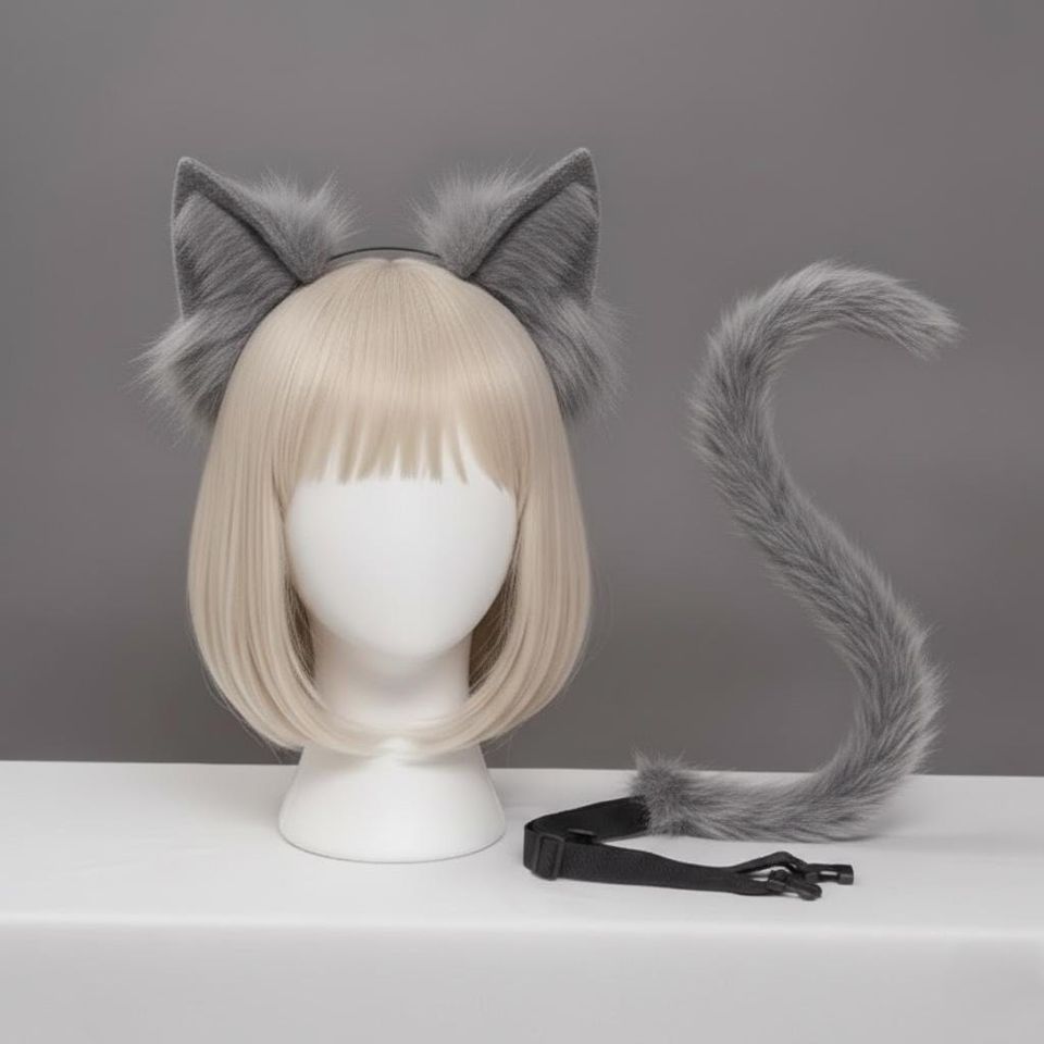 Grey Cat Ears Headband with Tail – Kawaii Cosplay Costume