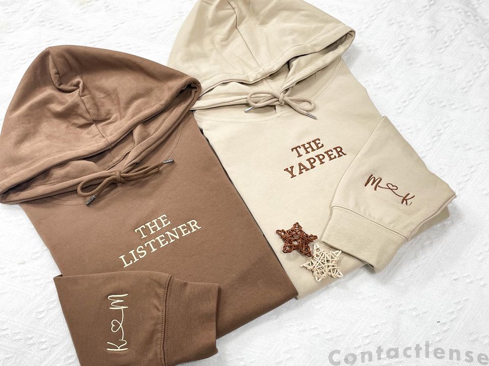 Custom The Yapper & The Listener Embroidered Couple Hoodies, Personalized Initial Anniversary Valentine Gift for Him