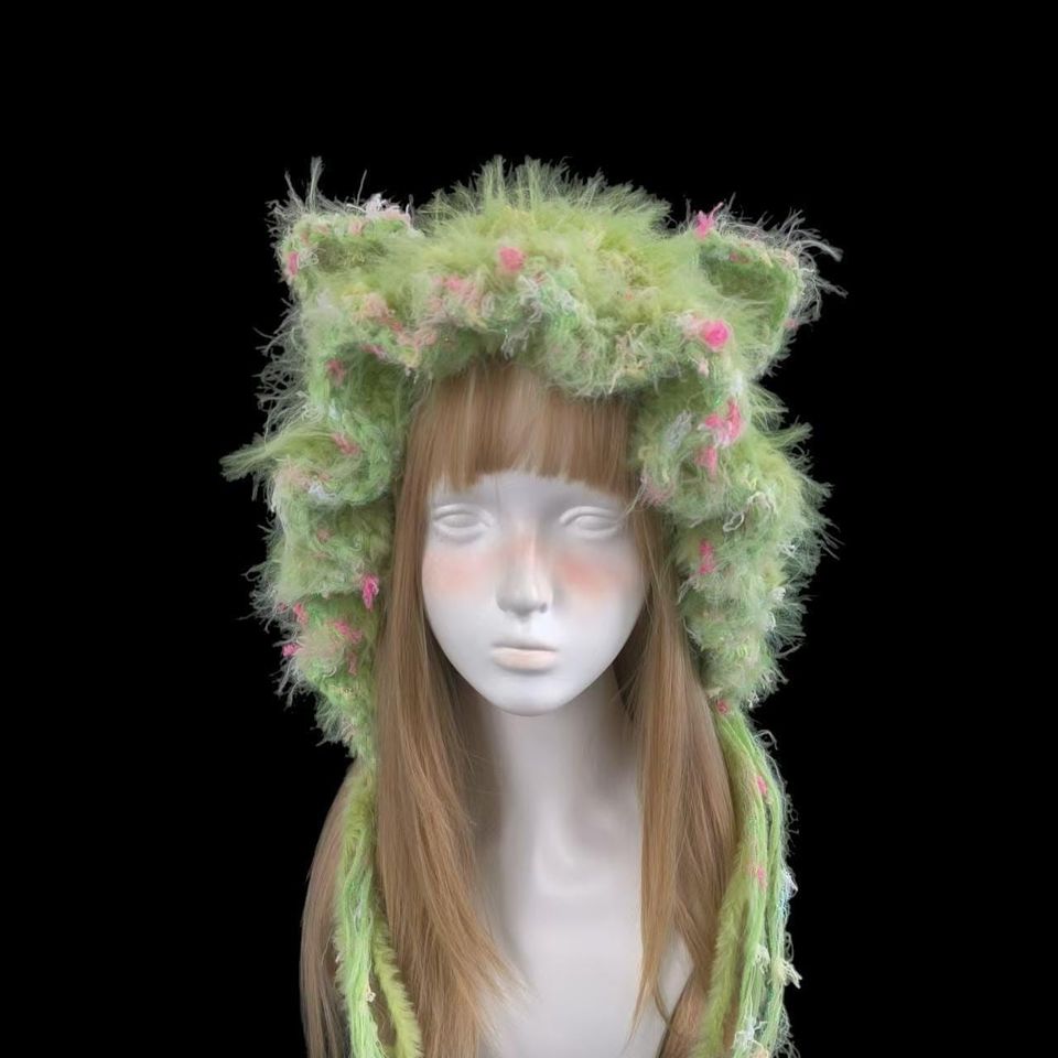 Fairycore Green Cat Ear Hood with Fluffy Mossy Woodland Vibes
