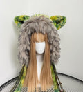 Cat Ear Knitted Hood: Green-Gray Handmade Warmth