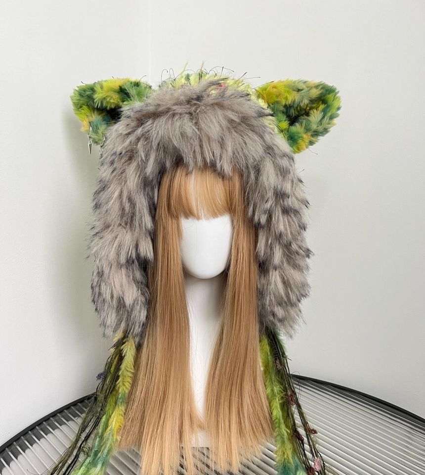 Cat Ear Knitted Hood: Green-Gray Handmade Warmth