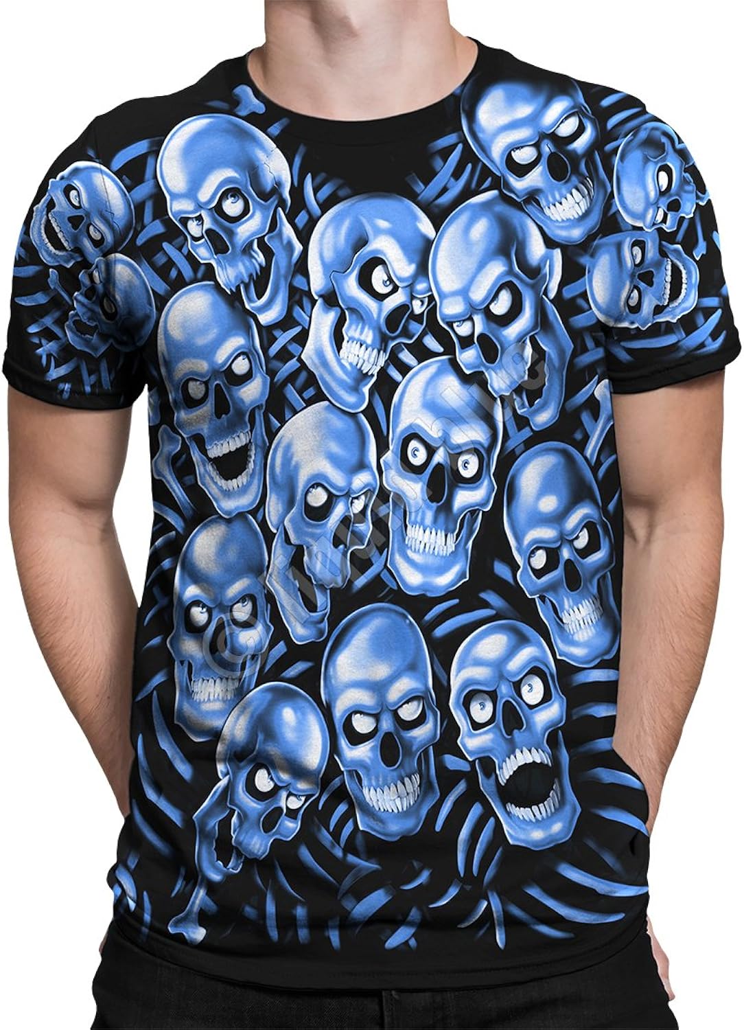 Unisex-Adult Skull Pile Blue Fantasy All Over Print Short Sleeve Unisex , , , Long Sleeve Tee