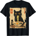 Cat Ramen Anime Kawaii Cat Eating Ramen Noodles , Unisex-Adults, Anime Fans, Girls, Young Females, Black, Small, Short Sleeve