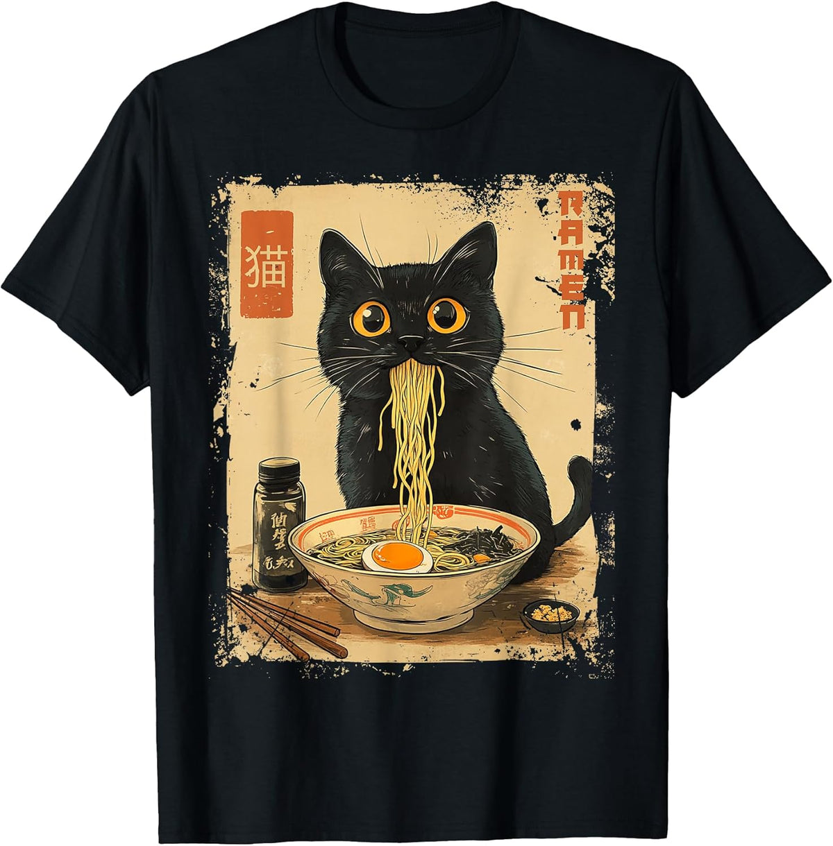 Cat Ramen Anime Kawaii Cat Eating Ramen Noodles , Unisex-Adults, Anime Fans, Girls, Young Females, Black, Small, Short Sleeve