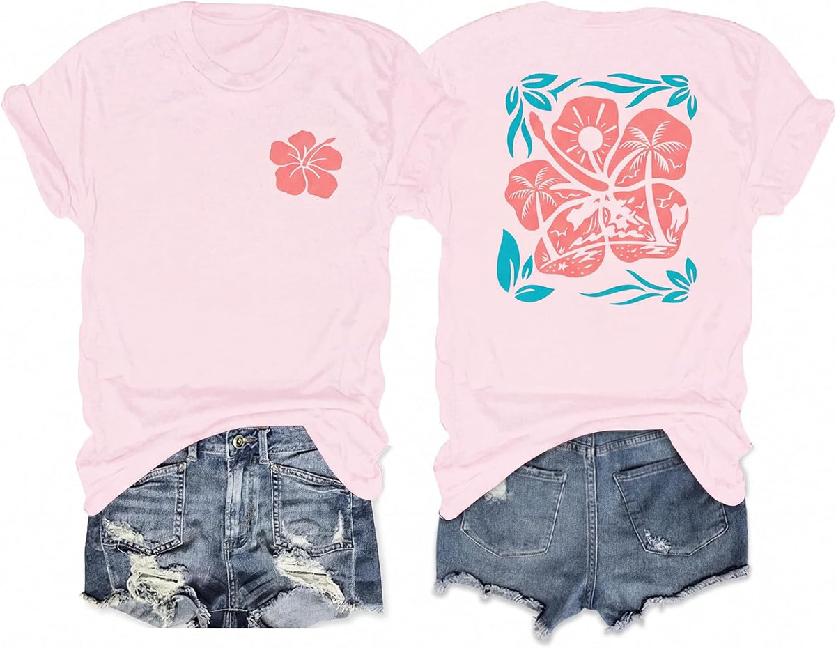 Hawaiian Shirts for Women Oversized Beach Hibiscus Flower Graphic T Shirt Teens Aesthetic Tropical Tee Tops