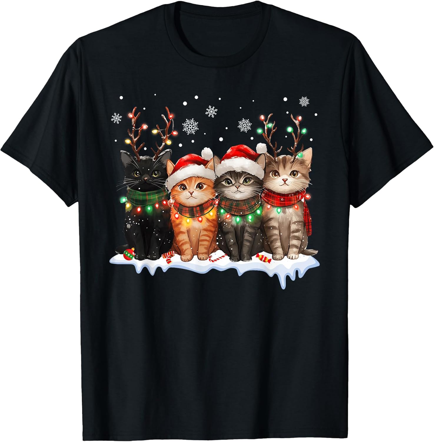 Cat Christmas Light Reindeer Santa Christmas Cat Lover Unisex , , , Long Sleeve Tee