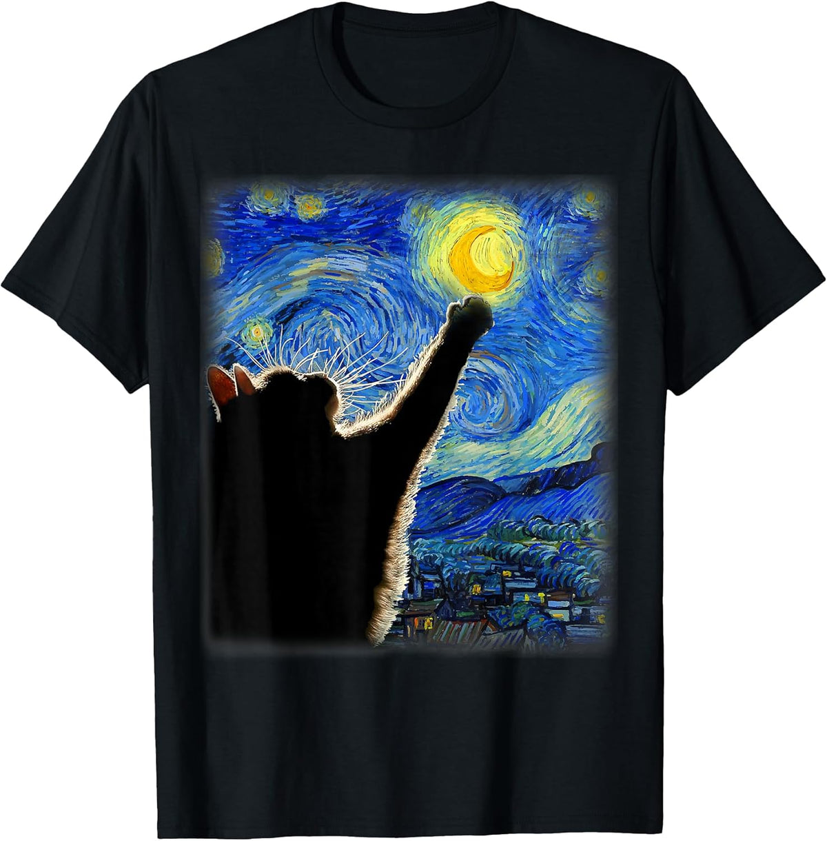 Starry Night Cat, Van Gogh Cat, Cat Lover, Cat Mom, Cat Dad , Black Unisex , , , Long Sleeve Tee