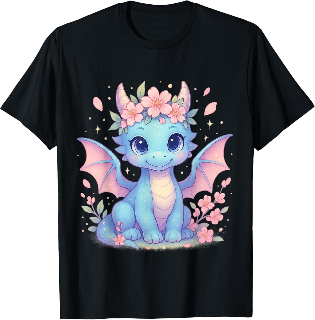 Cute Kawaii Dragon With Sakura pink Flower