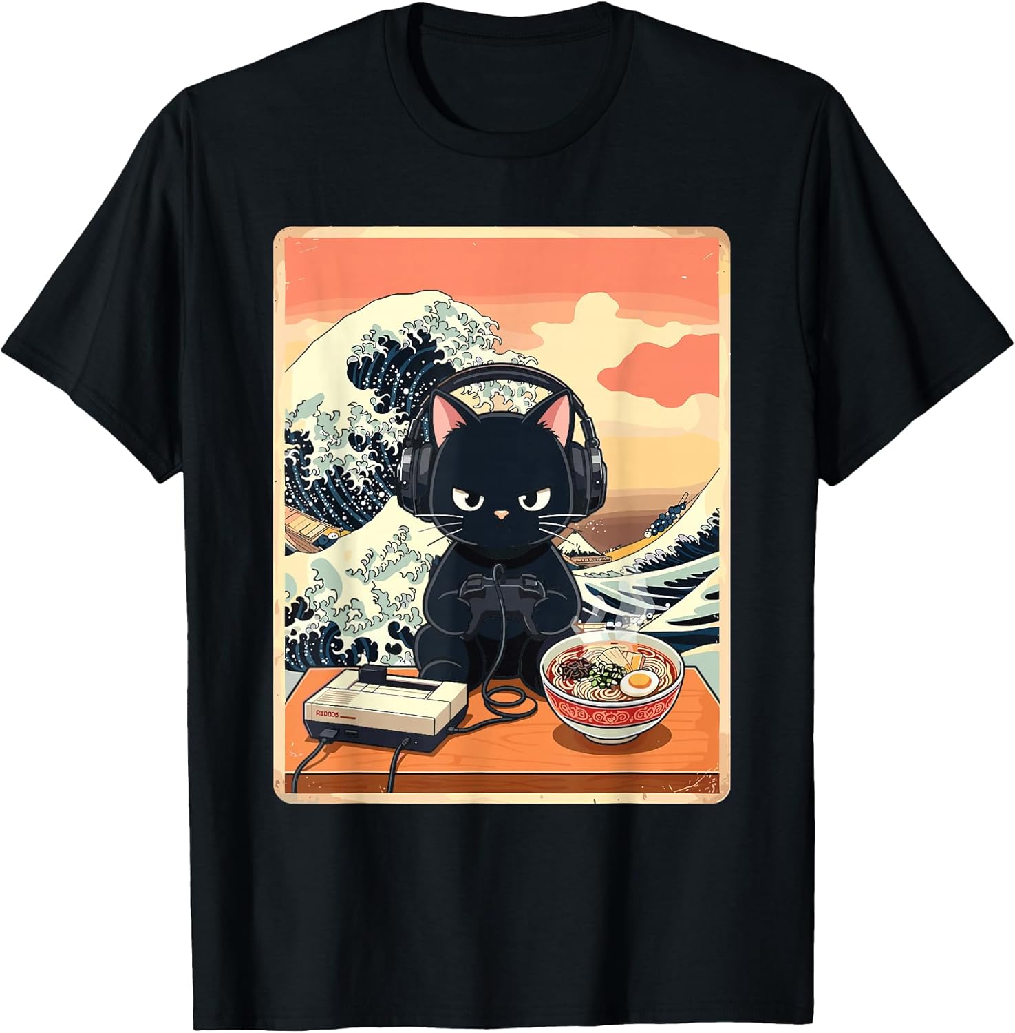 Retro Gamer Cat with Ramen Great Wave for Anime Fans Unisex , , , Long Sleeve Tee