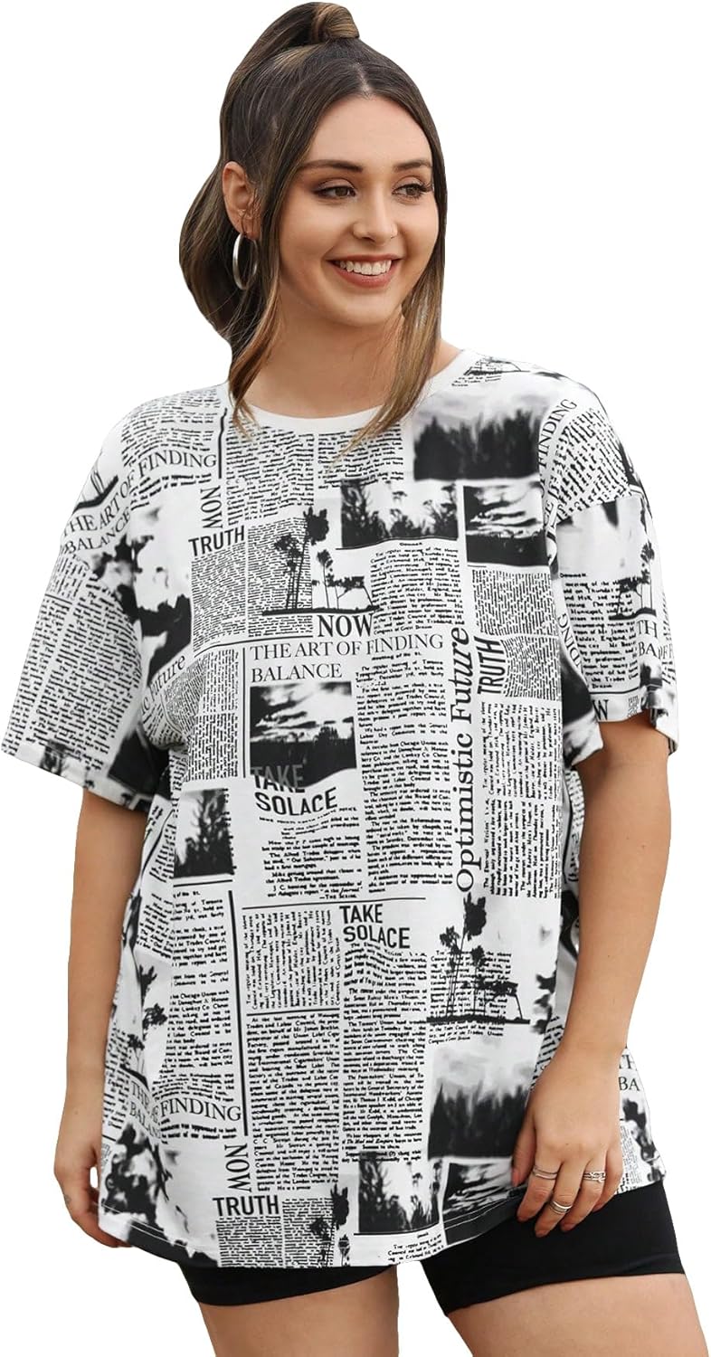 Women's Plus Size Newspaper Print Round Neck Half Sleeve T Shirt Tee Tops Unisex , , , Long Sleeve Tee