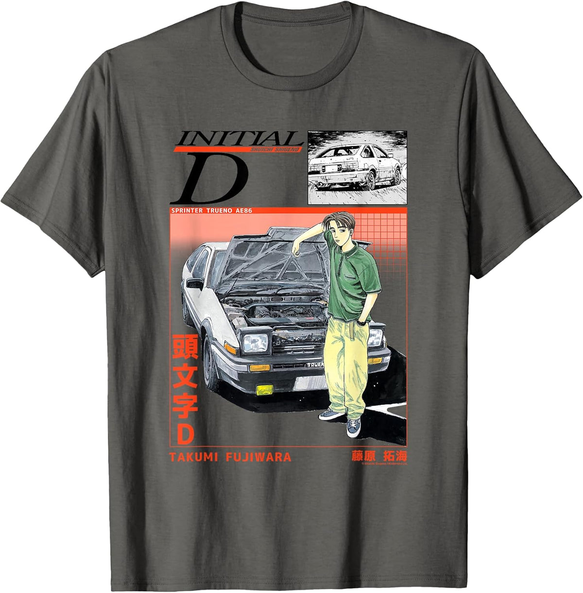Initial D Takumi Open Hood Car Portrait Manga Anime Unisex , , , Long Sleeve Tee