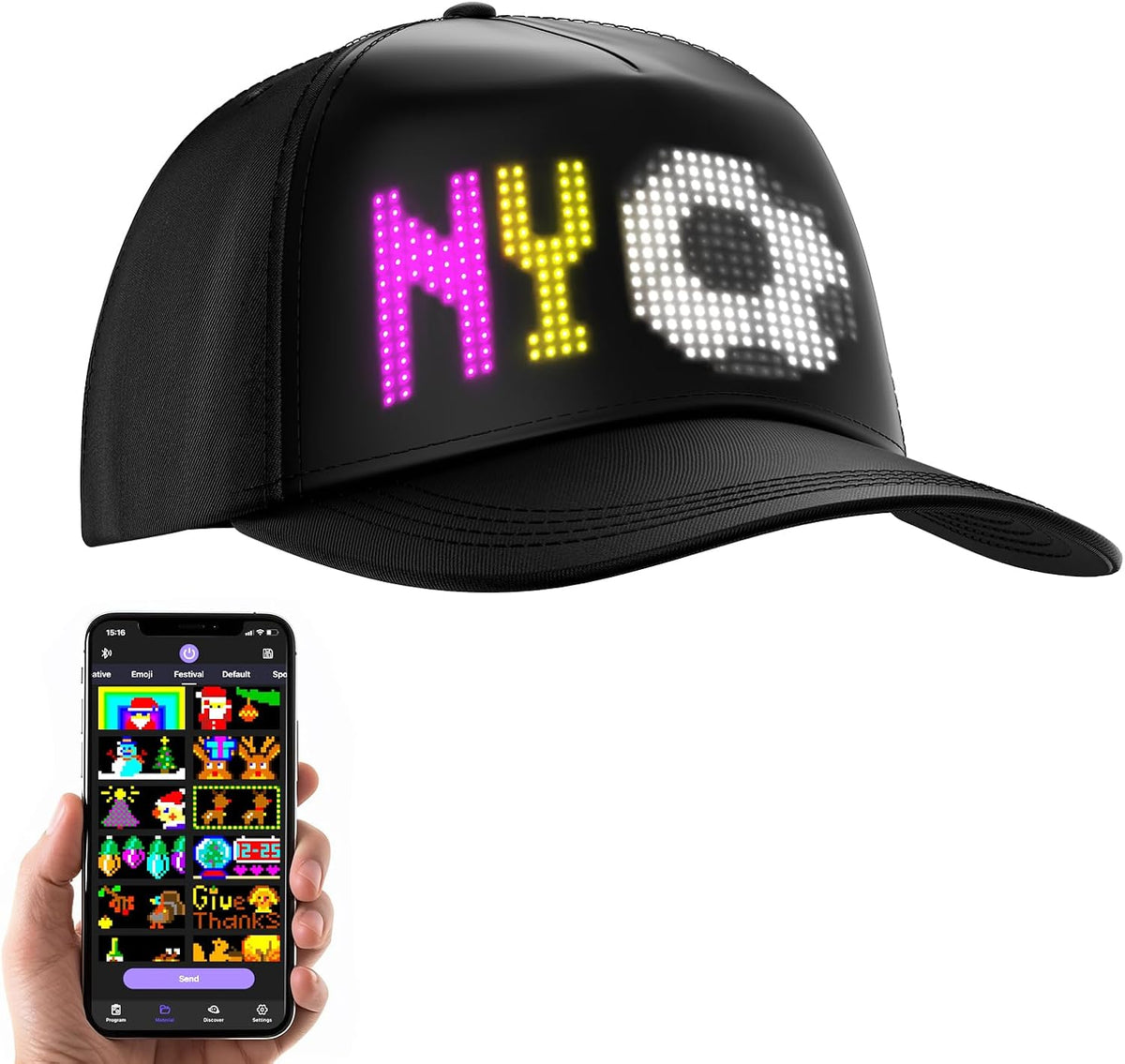 LED Hats, LED Display Screen Smart Caps,Bluetooth APP Control,Custom Text, Patterns, Animations for Party Christmas