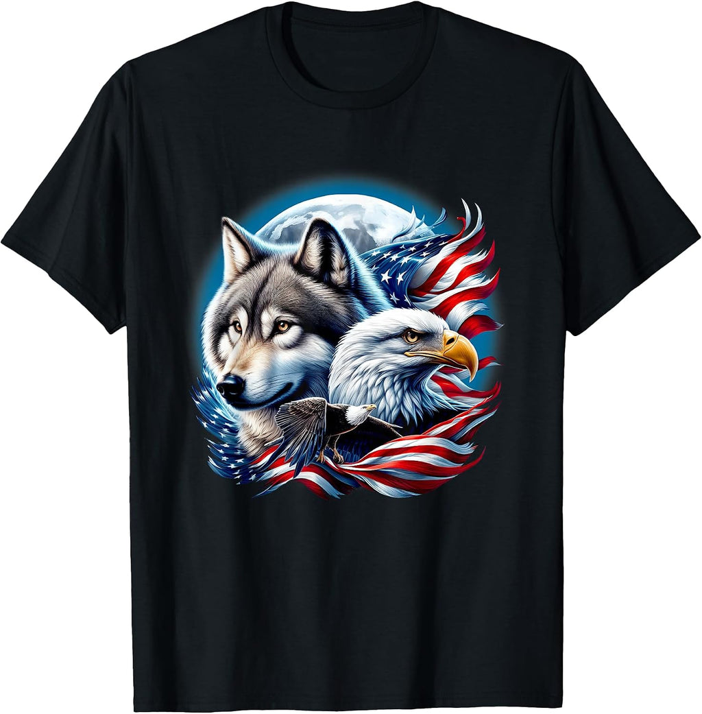 Wolf Bald Eagle American Flag Full Moon