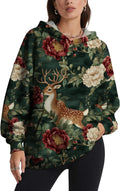 Womens Oversized Pullover With Artistic Animal Graphic Terry Cloth Hooded Top Large Pocket