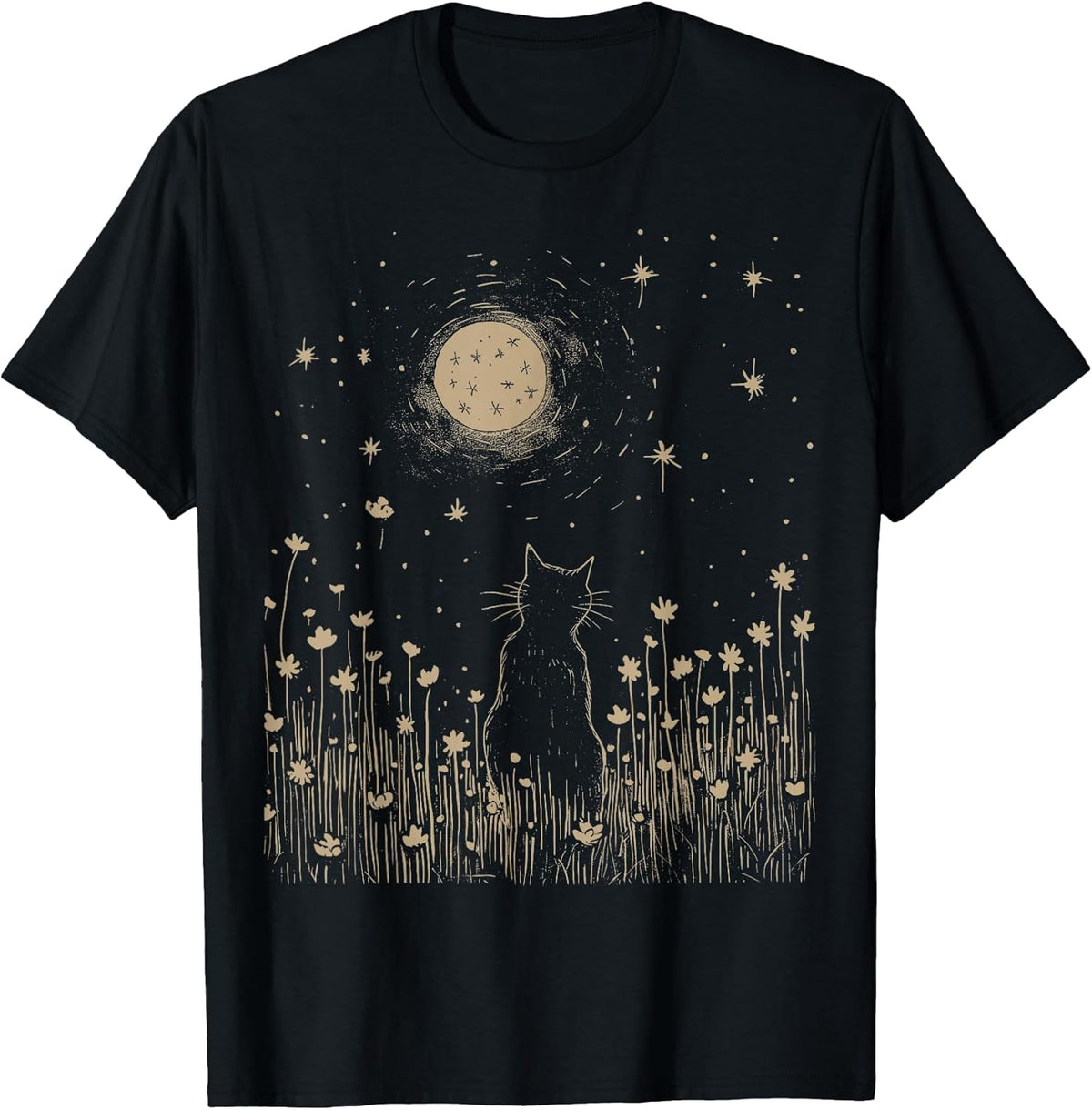 Floral Black Cat Moon Halloween Cottagecore Aesthetic Unisex , , , Long Sleeve Tee