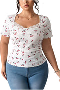 Women's Plus Size Lace Trim Tops Cherry Print T Shirts Short Sleeve Fitted Aesthetic Tees Coquette Clothes