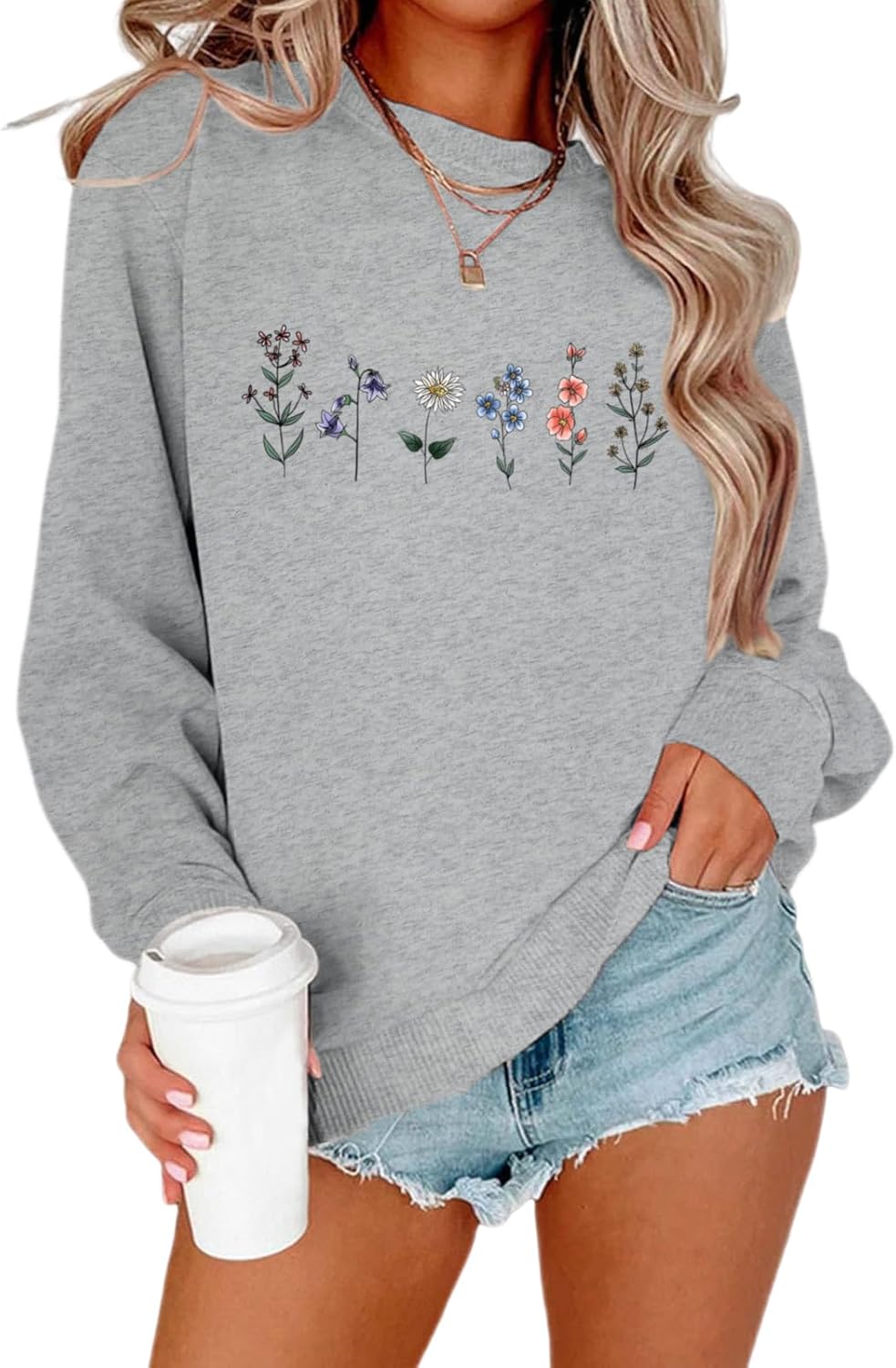Flower Graphic for Women Floral Printed Vintage Long Sleeves Shirt Crewneck Loose Pullovers Tops