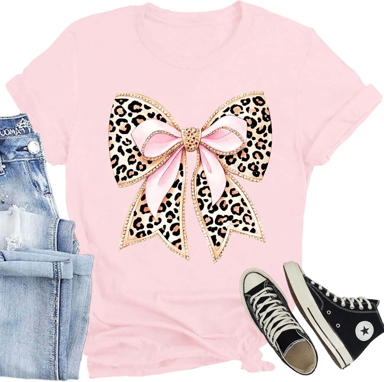 Bow Shirts for Women Cute Pink Bowknot Ribbon Print Tee Tops Bow Girly Aesthetic Unisex , , , Long Sleeve Tee