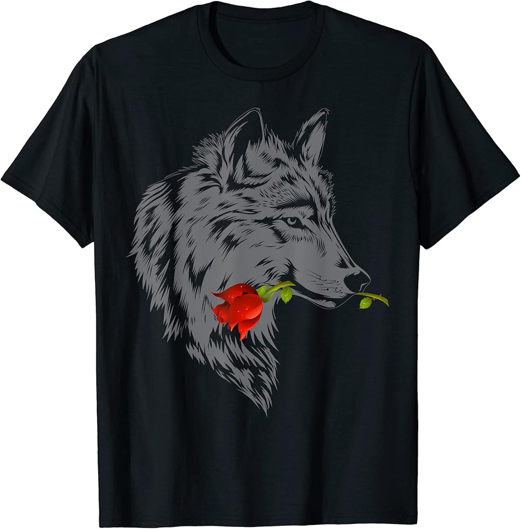 Cool Romantic Wolf With Rose Design T-shirts