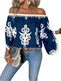 Women's Off The Shoulder Bell Long Sleeve Top Allover Print Blouse Shirts Unisex , , , Long Sleeve Tee