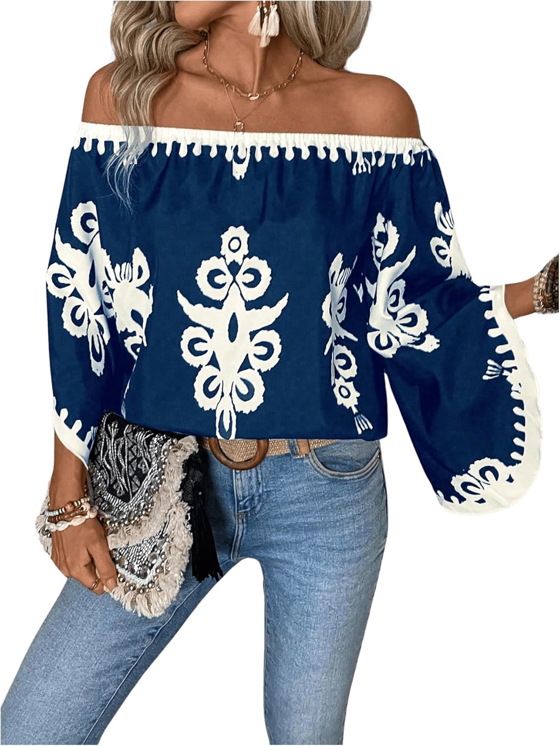 Women's Off The Shoulder Bell Long Sleeve Top Allover Print Blouse Shirts Unisex , , , Long Sleeve Tee
