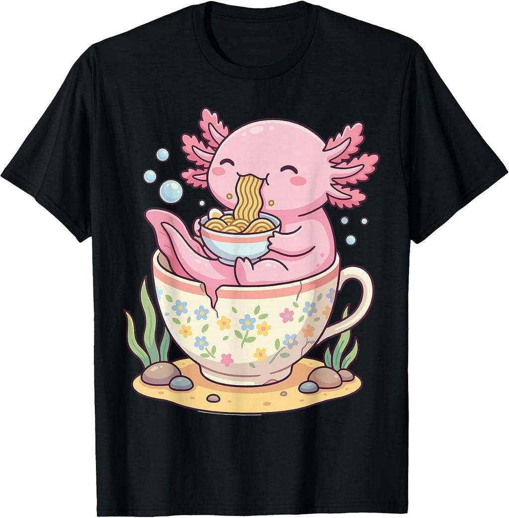 Cute Axolotl Eating Ramen In Floral Teacup