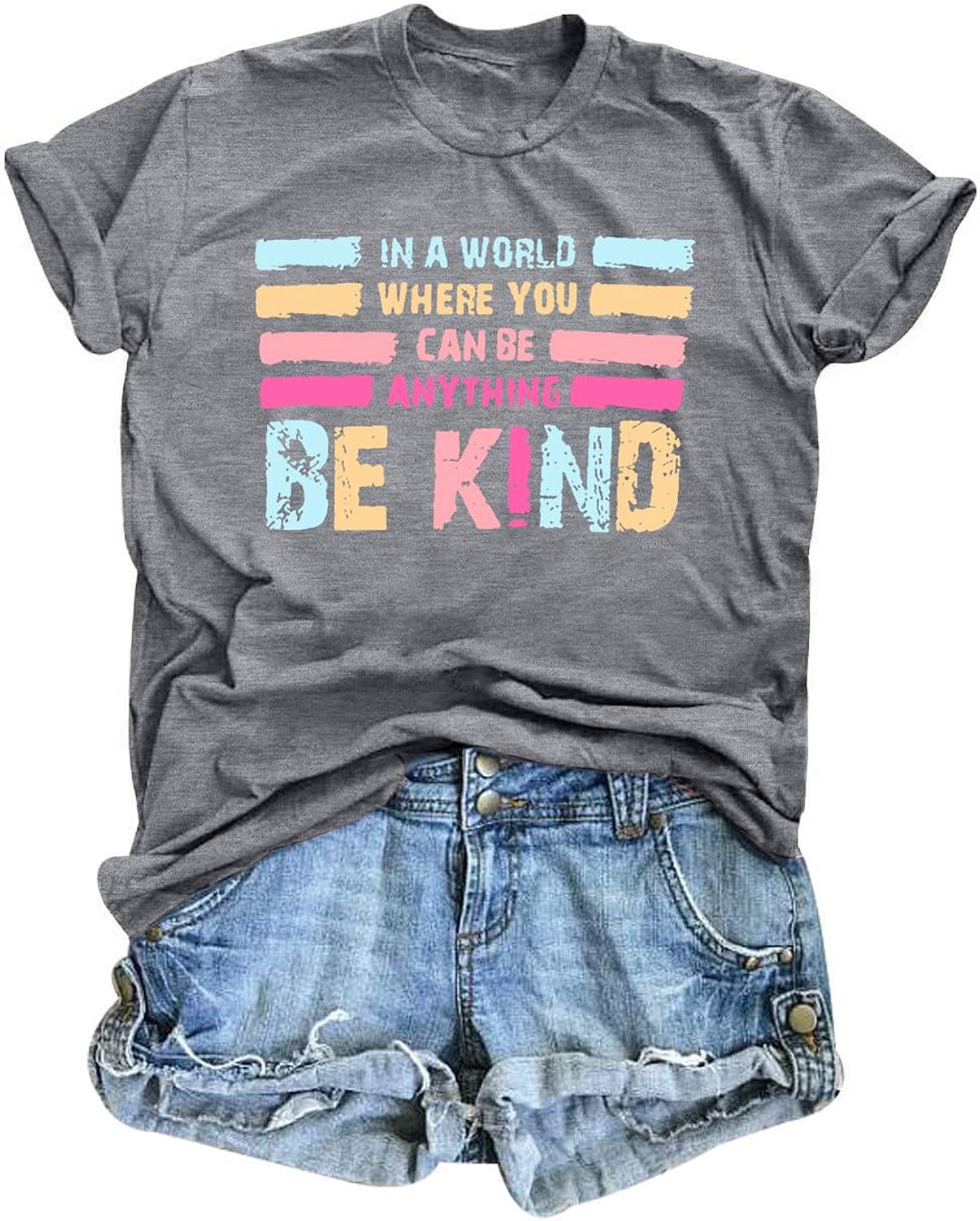 in A World Where You Can Be Anything Be Kind Women Inspirational Graphic Tee Casual Short Sleeve Tee Tops