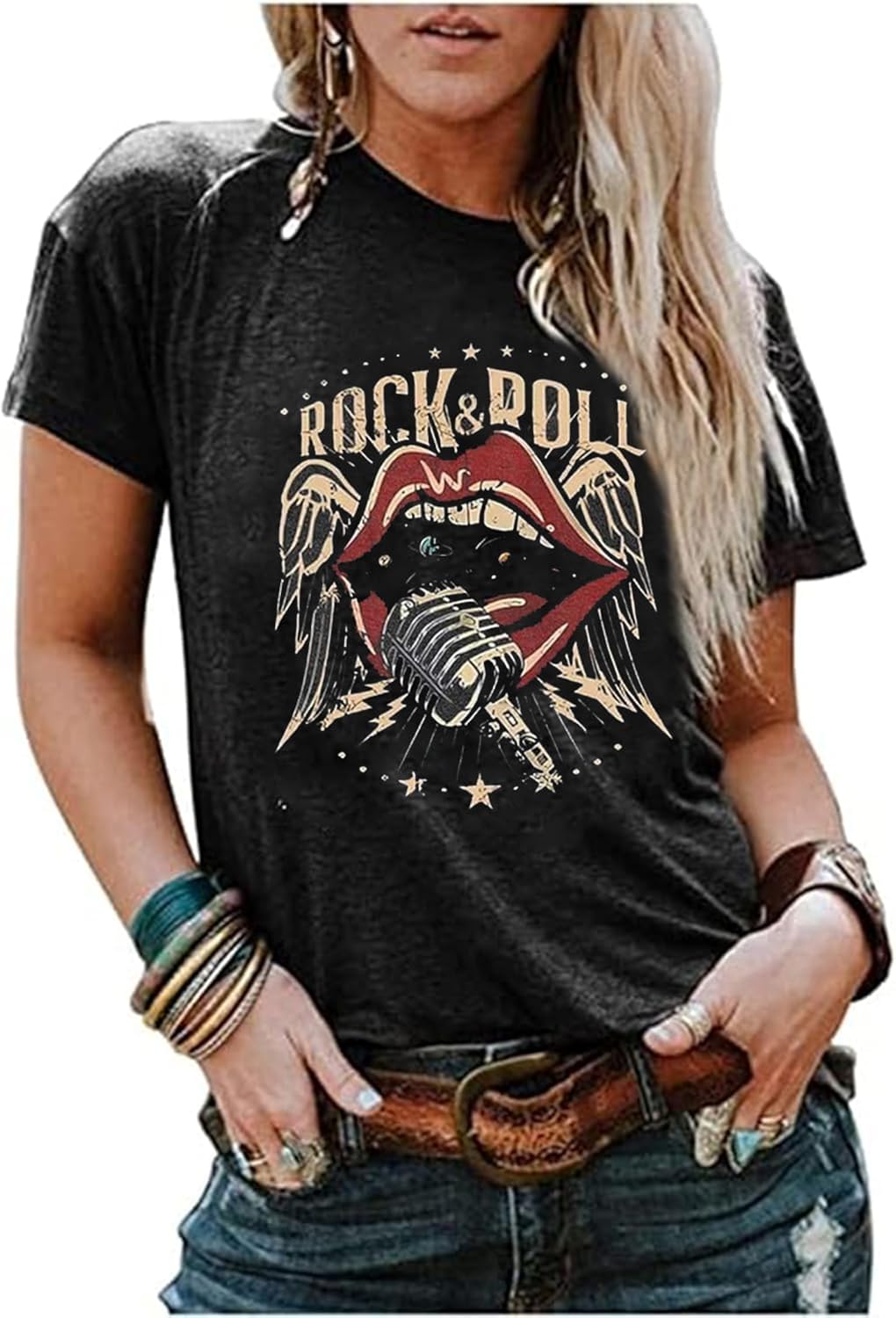 Rock and Roll Shirt Women Vintage Rock Band Concert Casual Graphic Country Music Short Sleeve Tee Tops