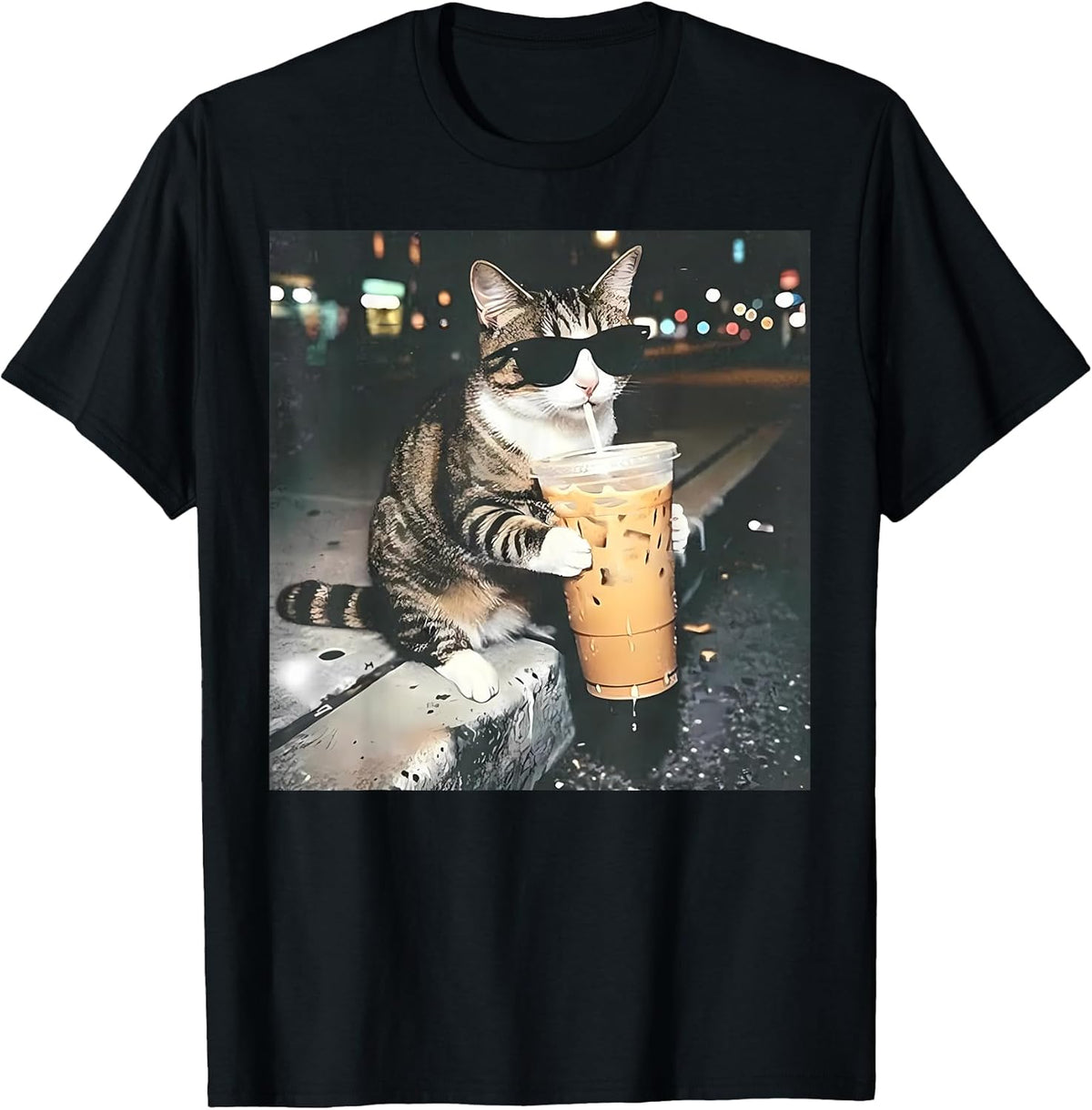 Funny Cat Drinking Iced Coffee Funny Cat Lover Animal Meme Unisex , , , Long Sleeve Tee