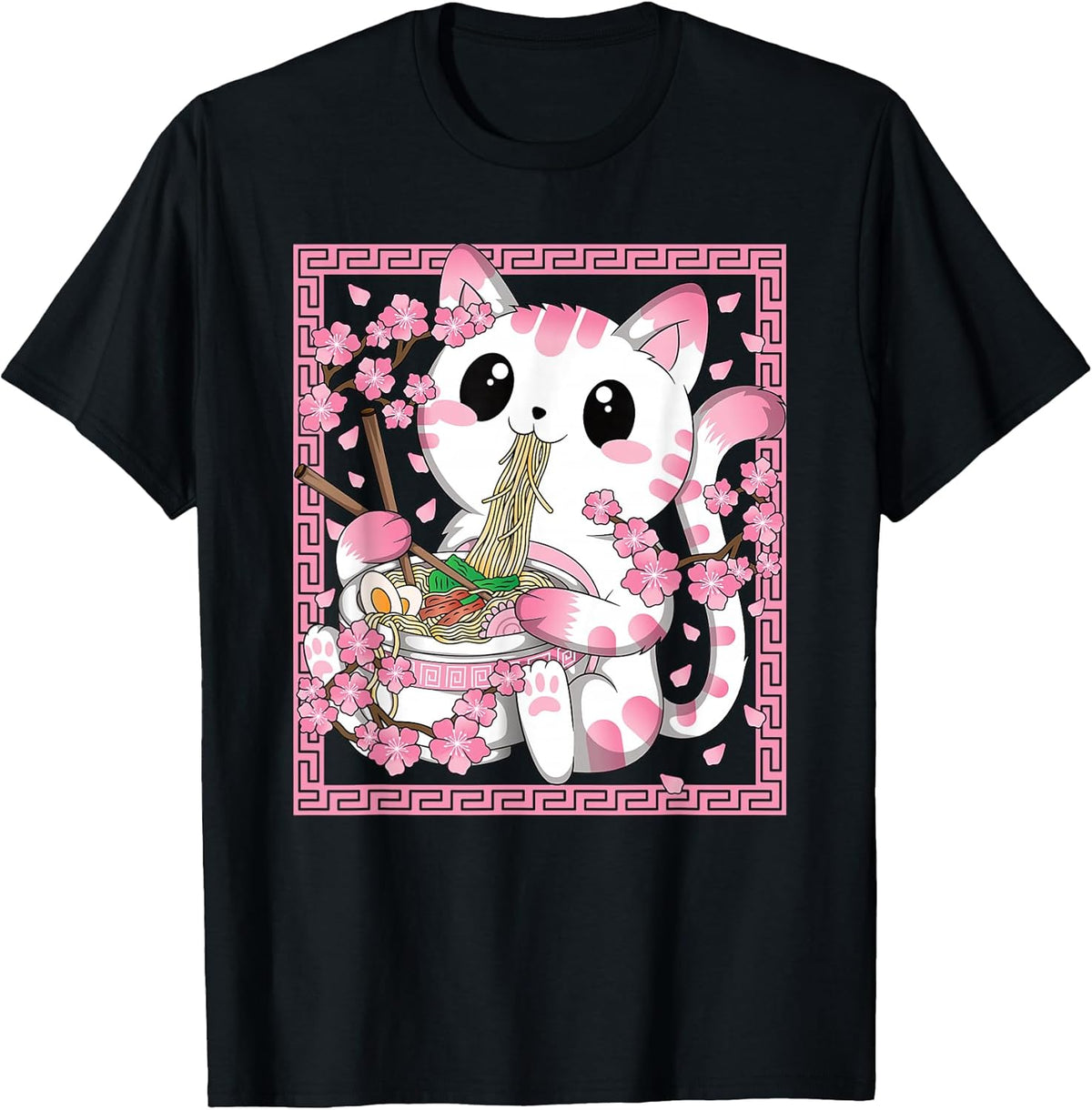 Kawaii Cat Ramen Anime Japanese Cherry Blossom Women Girls Unisex , , , Long Sleeve Tee