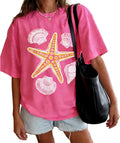 Women Teens Cute Oversized Graphic Tee Shirts Summer Y2k Short Sleeve Crewneck Ocean Seashell Baggy Tees Streetwear