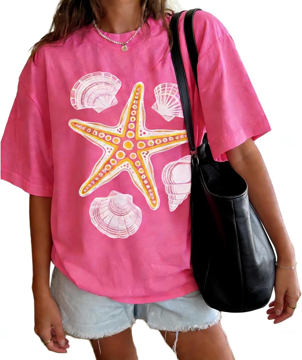 Women Teens Cute Oversized Graphic Tee Shirts Summer Y2k Short Sleeve Crewneck Ocean Seashell Baggy Tees Streetwear
