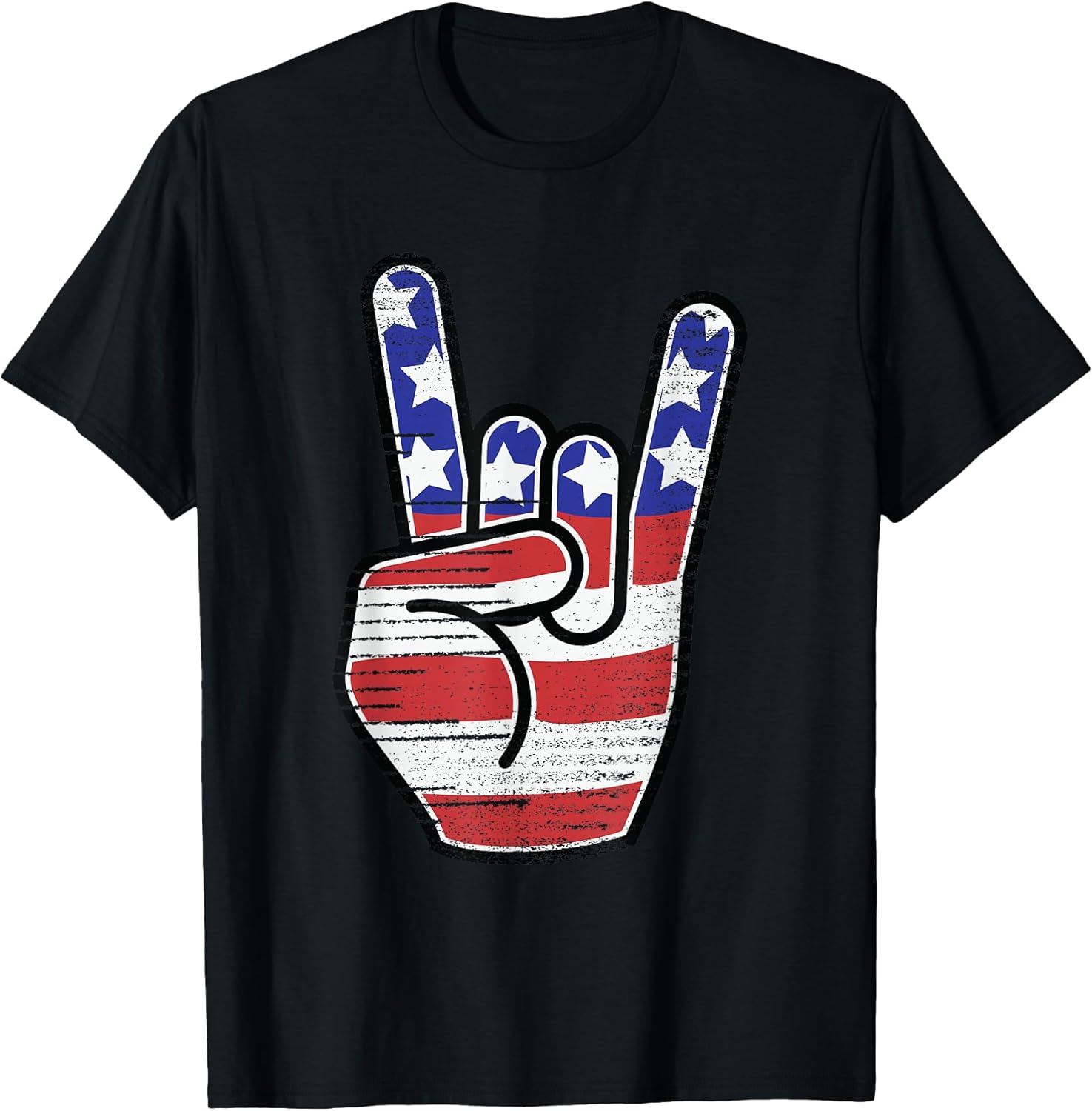 Rock n Roll Shirt USA Flag Horns Sign Retro Concert Band Unisex , , , Long Sleeve Tee