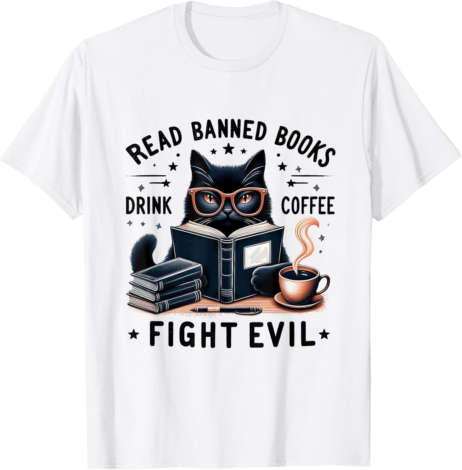 Read Banned Books Drink Coffee Fight Evil Vintage Cat Lovers Unisex , , , Long Sleeve Tee