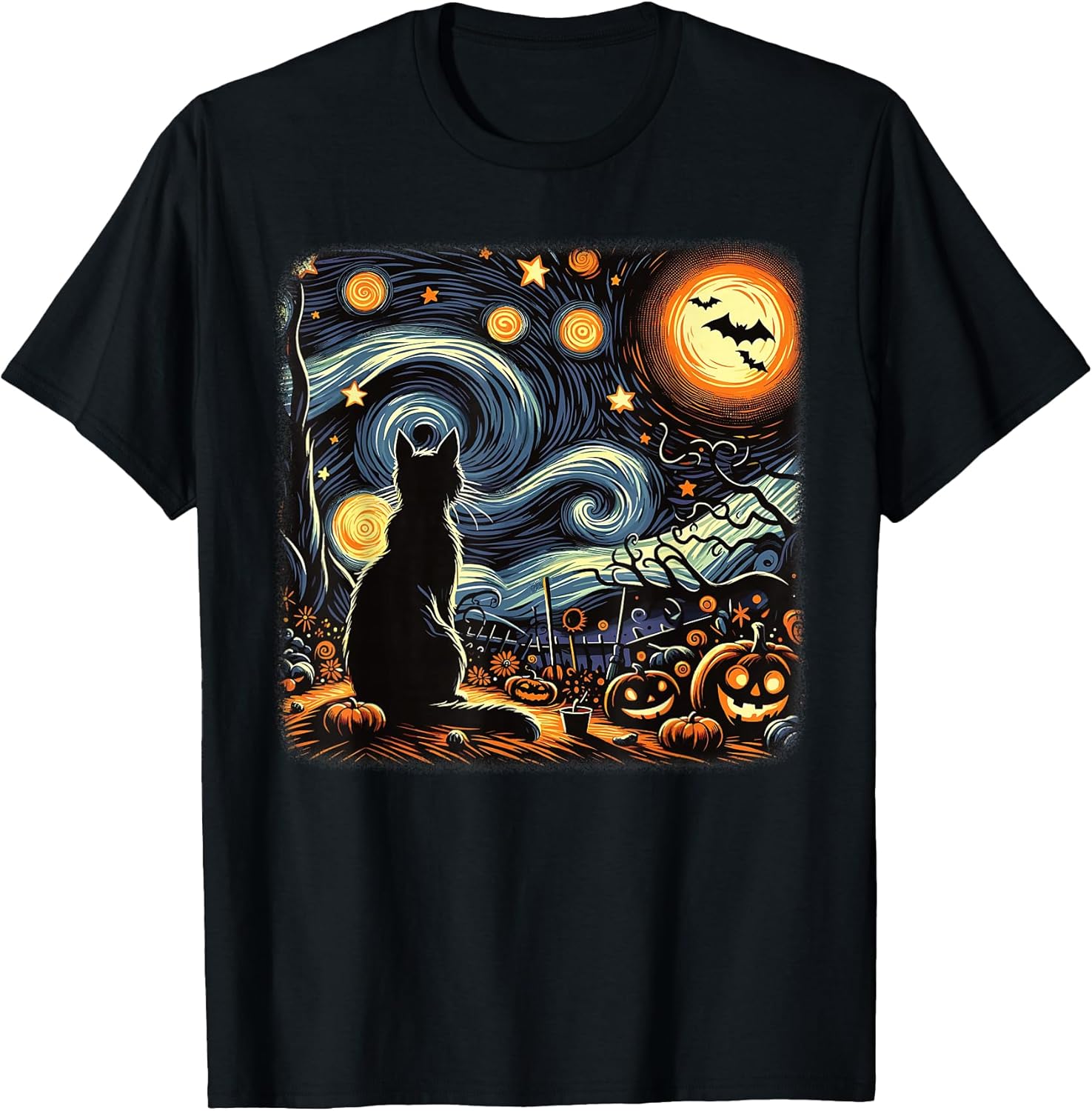 Halloween Black Cat Van Gogh Starry Night Cat Lovers Cat Unisex , , , Long Sleeve Tee
