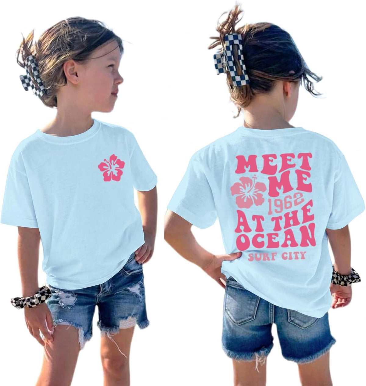 Cute Hawaiian Beach T Shirts for Girls Kids Aesthetic Pink Hibiscus Flower Shirt Oversized Summer Graphic Tee Tops